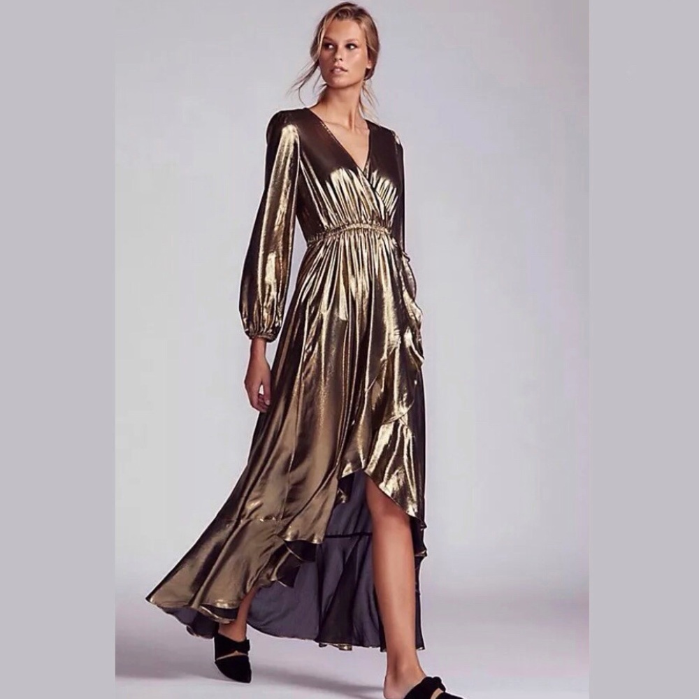 SOLD NWT Free People Zohara Lame Maxi Wrap Dress Bronze